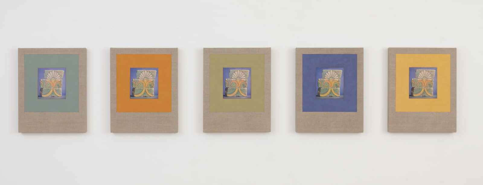 Variations on Glazed Bricks, 2021 Oil, color pencil, and book pages on linen in 5 parts 20 x 16 in each (50.8 x 40.6 cm each)