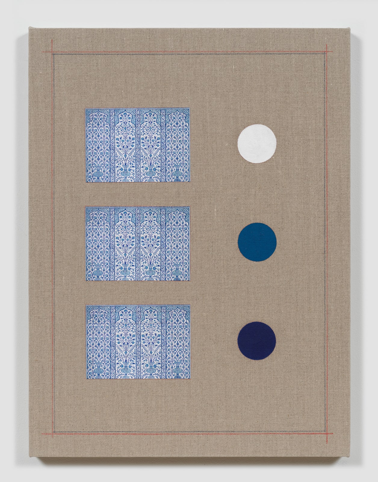 Ornamental Composition in Lapis Lazuli, Cobalt and Titanium, 2018 Oil, pencil, and postcards on linen 24 x 18 in (61 x 45.7 cm)