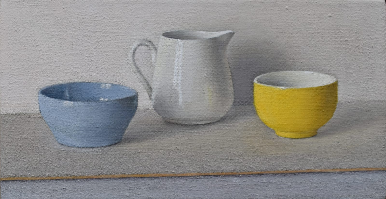 David. Stubbs , Blue, white and yellow on brown, with pink and grey