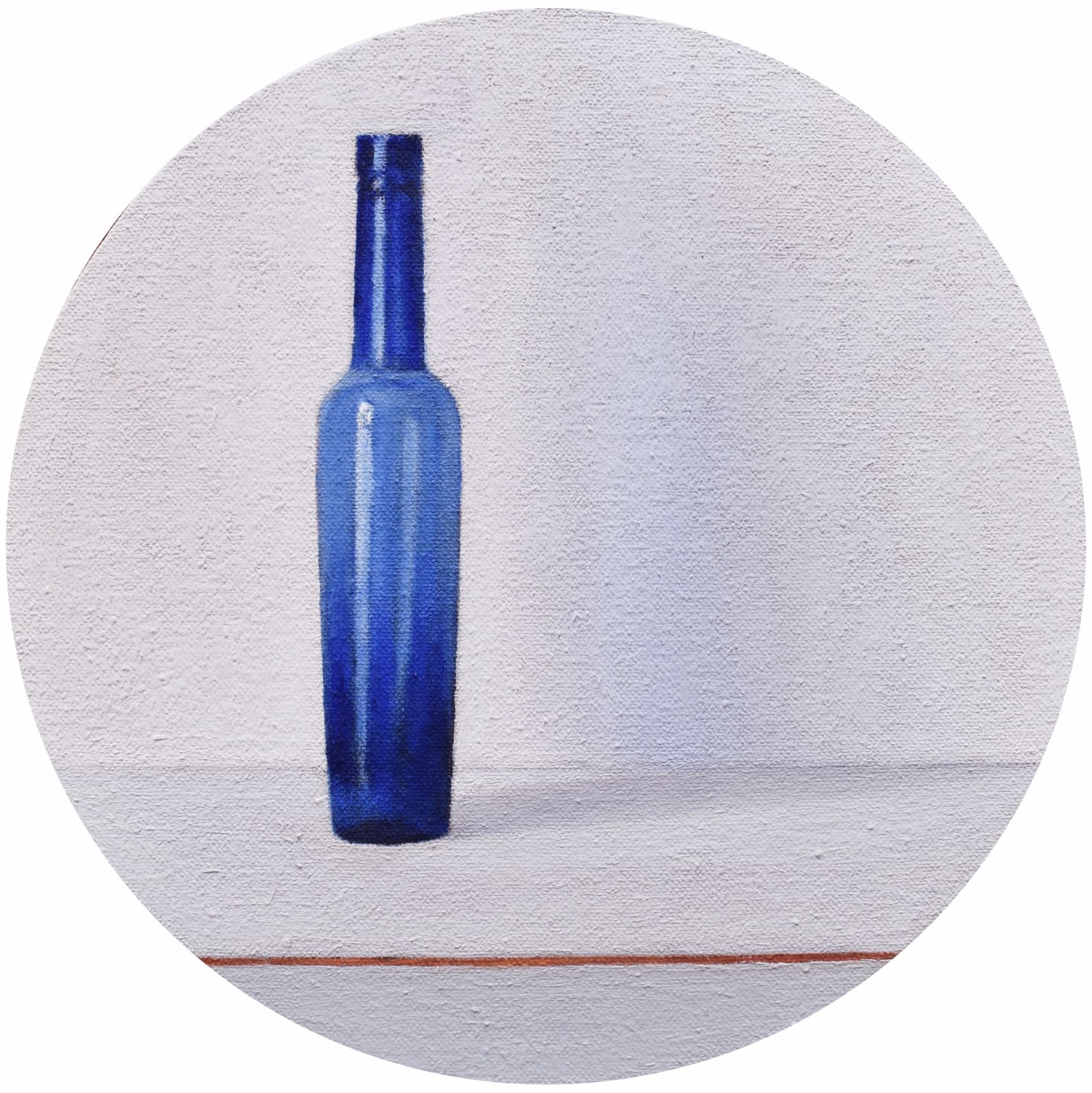 David Stubbs, Blue bottle on green and pink, tondo, 2023