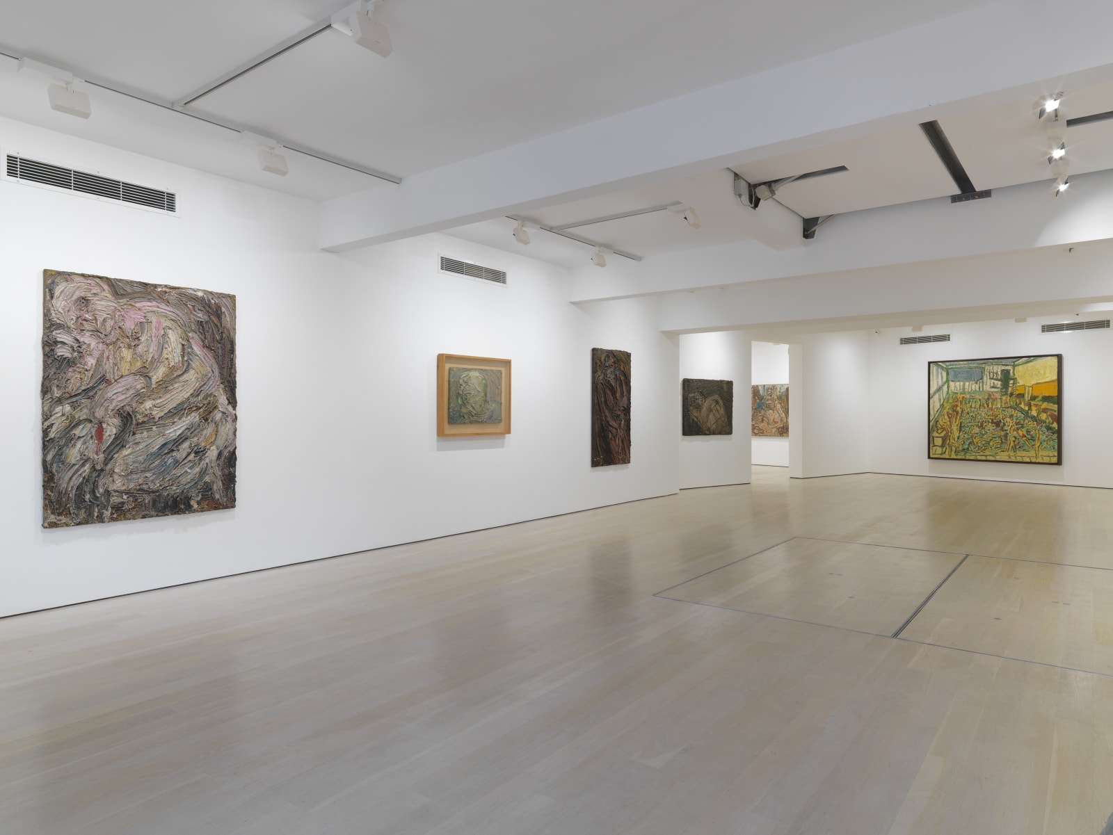 installation shot of the exhibition Leon Kossoff: A Life in Painting at Annely Juda Fine Art 2021