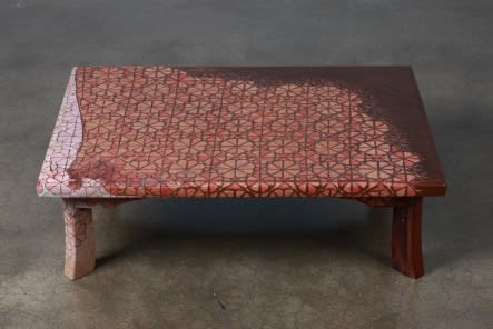 AONO FUMIAKI, MENDING, SUBSTITUTION, CONSOLIDATION, INCURSION, “Tables Covered with Floor Materials from Houses Destroyed in the Great East Japan Earthquake and Tsunami” 2012