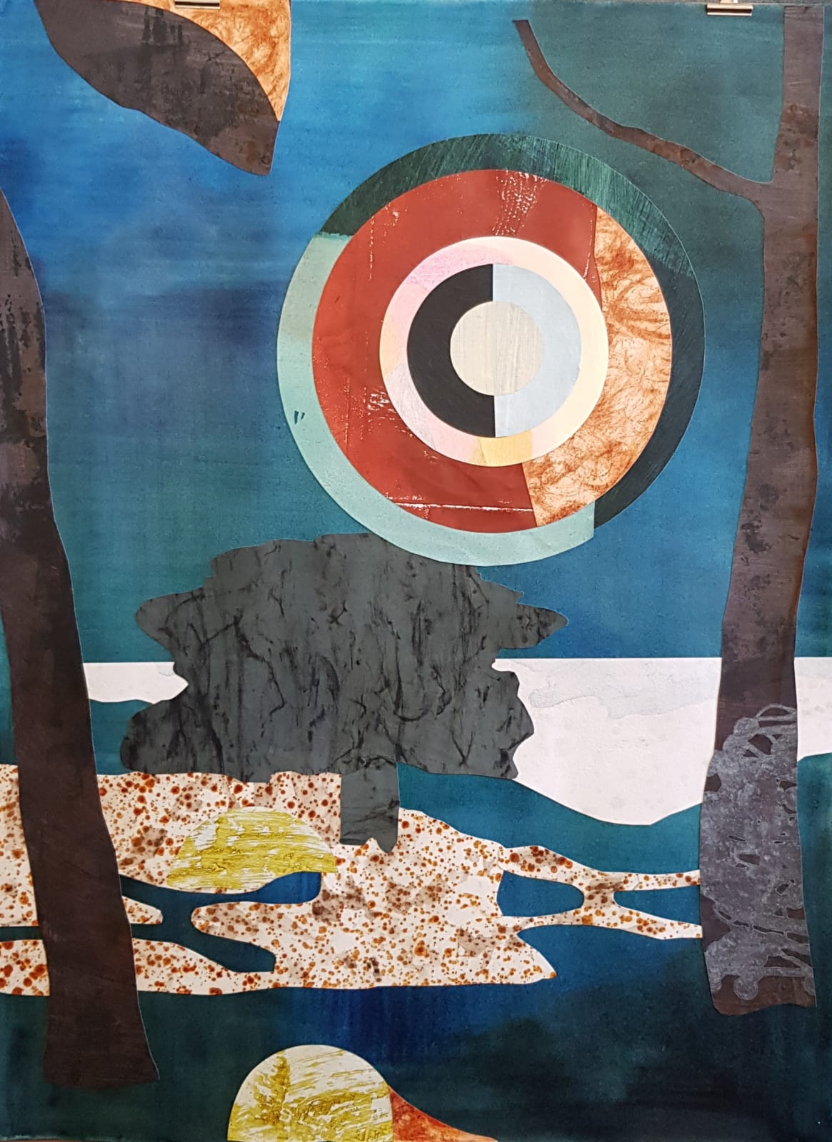 'Night in the park', acrylic and mixed media, paint and collage Work created on site at Georges River