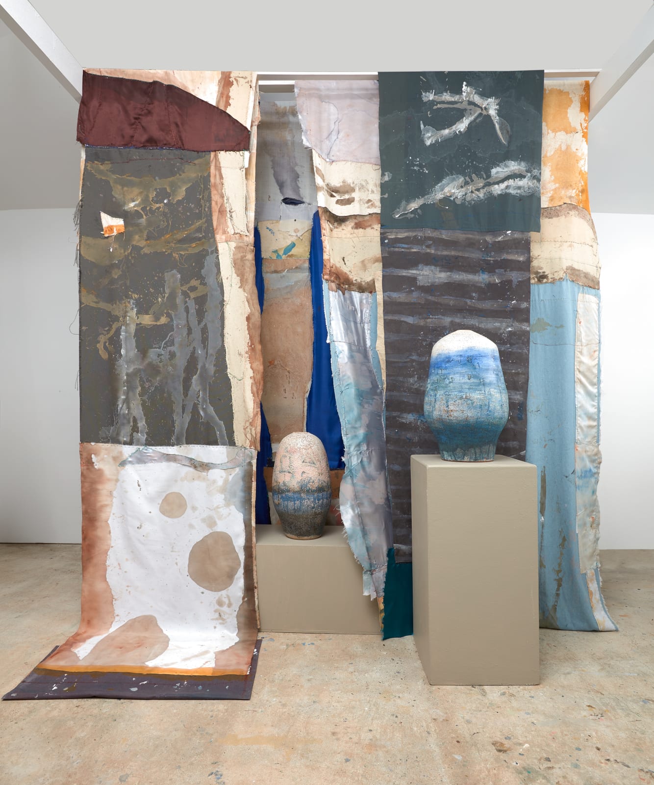 Shrine to the Galari River, textile, acrylic and fabric paint, stitching, stoneware ceramic with glaze, 256 x 250 x 110...