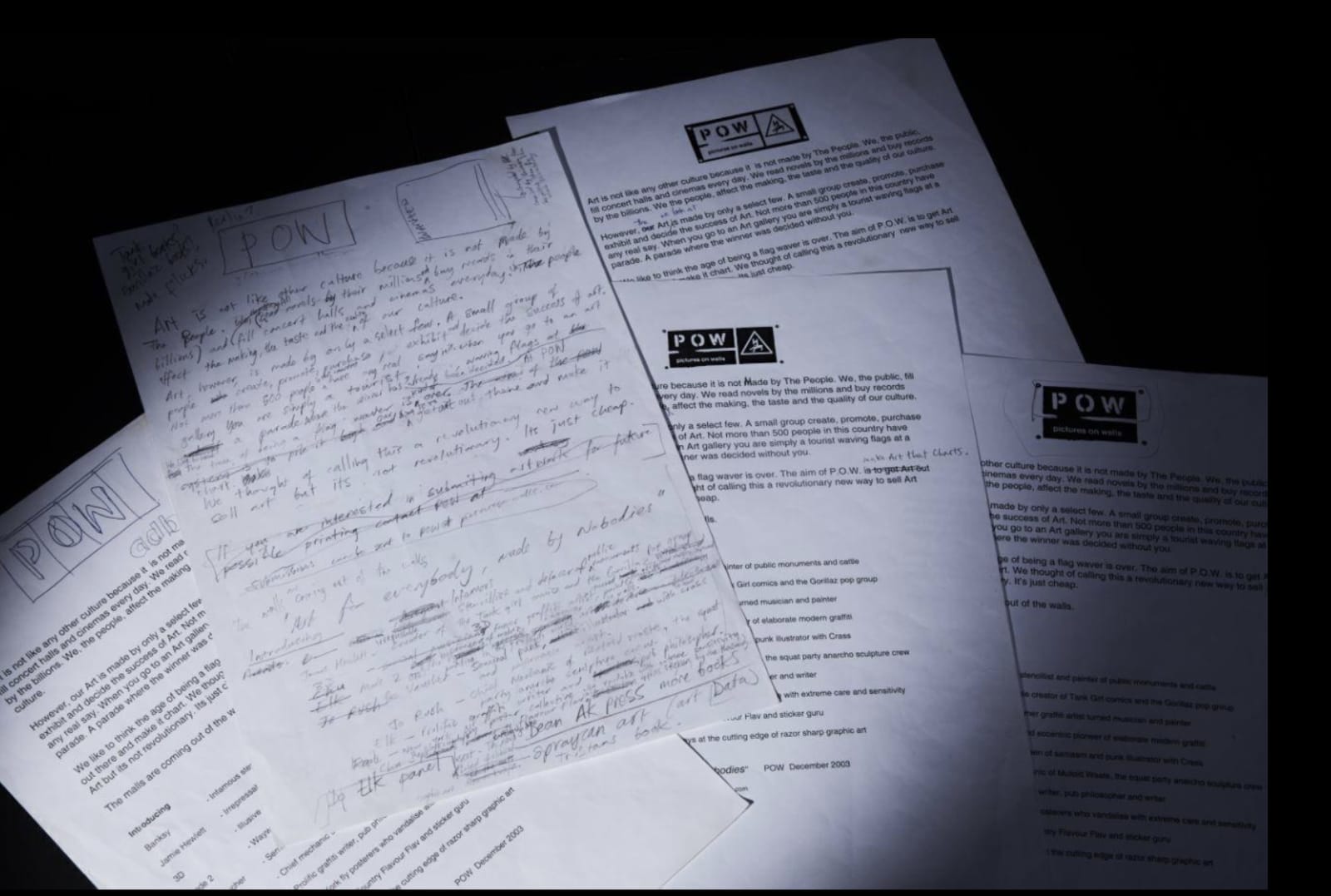 Banksy, Pictures on Walls (POW) Handwritten Mission Statement (and proofs), 2003