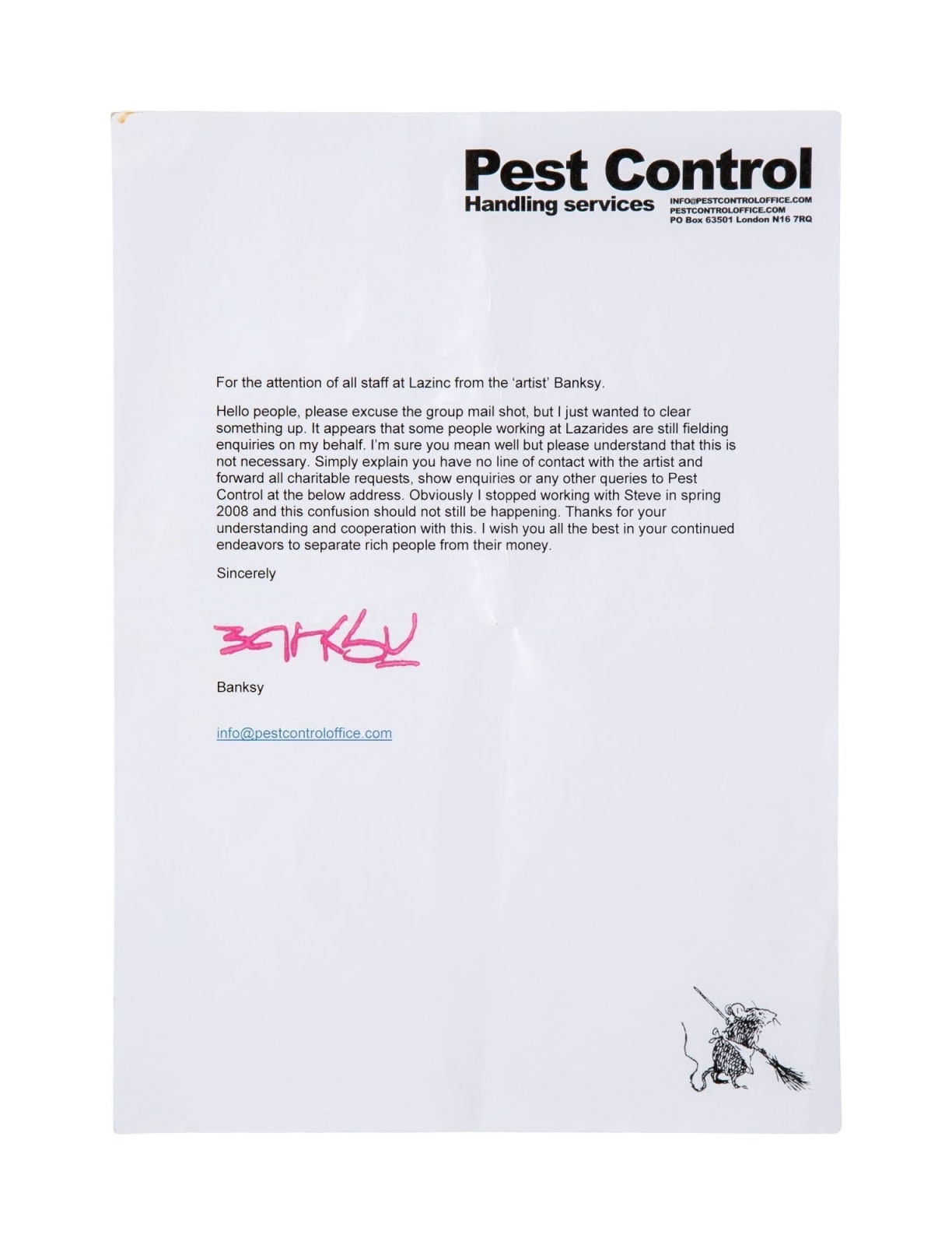 Banksy, UNTITLED (Pest Control Office 'Cease & Desist' letter), c. 2008-2009