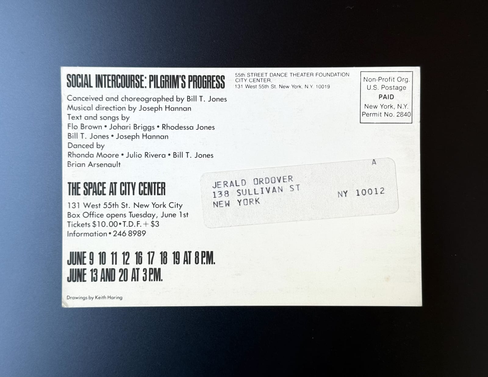 Keith Haring, BILL T. JONES & COMPANY ('SOCIAL INTERCOURSE: PILGRIM'S PROGRESS' SHOW ANNOUNCEMENT), 1982