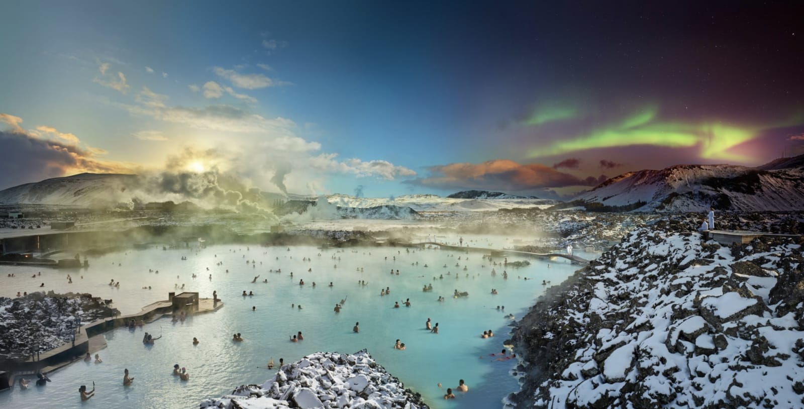Stephen Wilkes Blue Lagoon, Reykjavik, Iceland, Day to Night, 2019 Signed on label verso 24 x 47 1/2 inch archival pigment print Edition of 20 34 x 67 inch archival pigment print Edition of 15 48 x 94 1/2 inch archival pigment print Edition of 12 60 x 118 inch archival pigment print Edition of 2