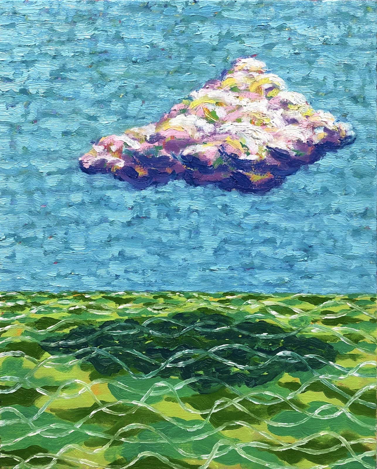 Painting of choppy green water with white cirrus cloud overhead