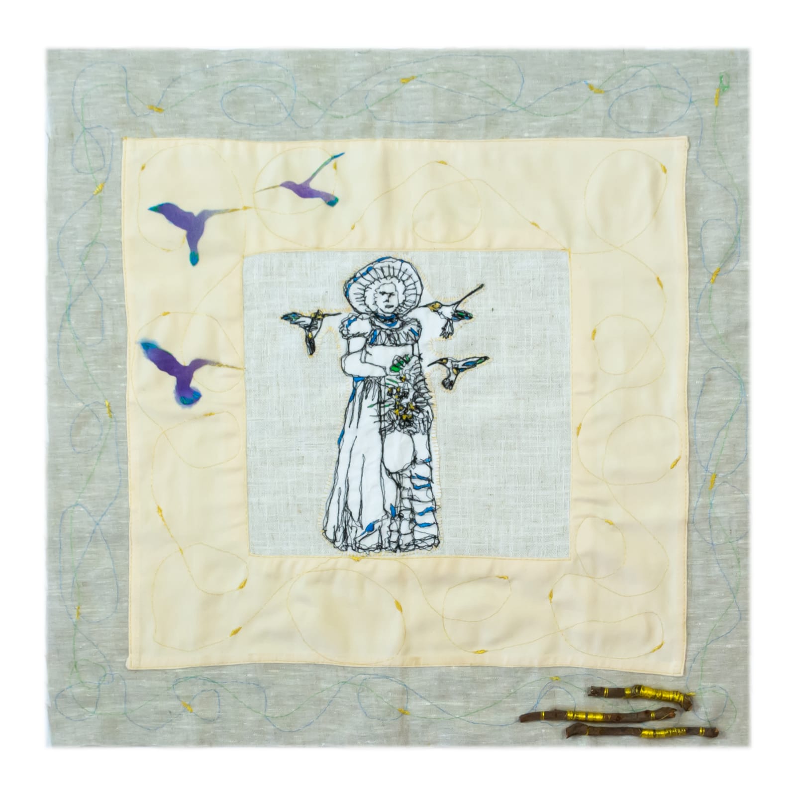 Linda Mangual Untitled, 2021 Fiber, applique, stitching, airbrush, embroidery, embedded natural twigs on heirloom napkin