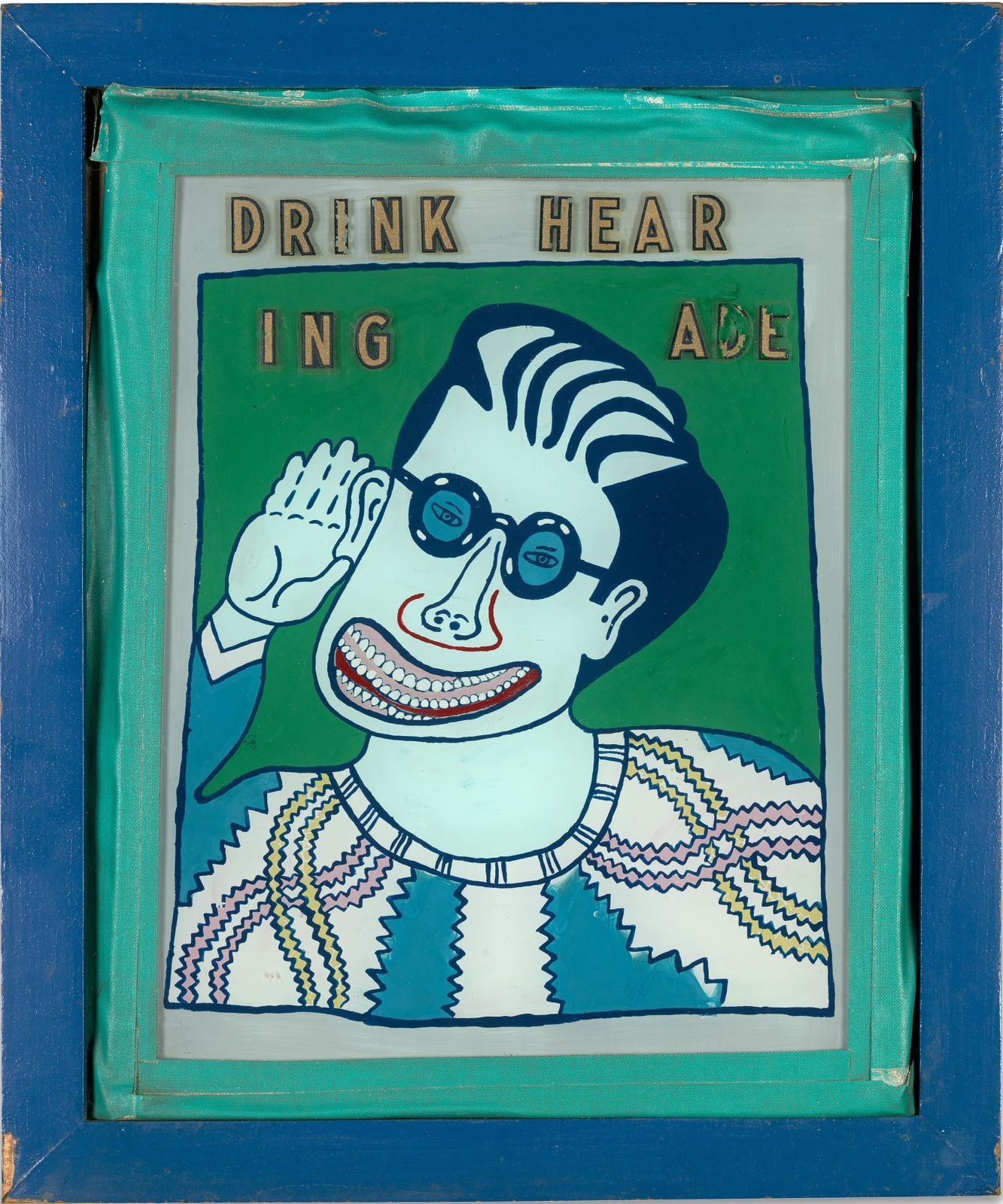 Drink Hear Ing Ade, 1966, acrylic on glass, decals, tape, and painted wood frame, 11 x 9 1/4 x 1 3/4 inches, private collection (photo by Jeremy Lawson, courtesy of the Frances Young Tang Teaching Museum and Art Gallery at Skidmore College)