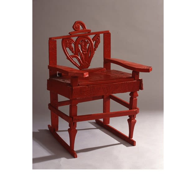 Leroy Person Armchair/Throne, ca. 1975-79 Wood, found factory-produced Hepplewhite vriation furniture parts, and red paint 38 1/2 x 26 x 20 in. (97.8 x 66 x 50.8 cm.)