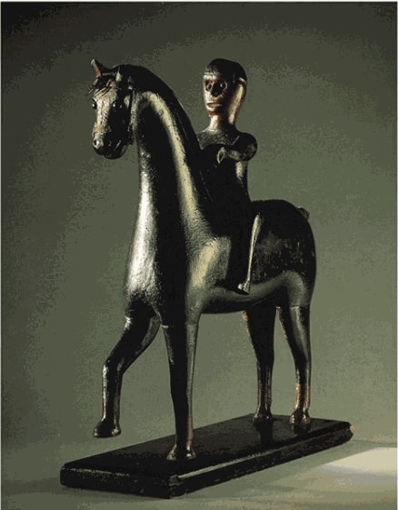 Artist Unknown Horse and Rider, ca. 1870-80 New England Carved and painted wood (with remarkable original surface) 14 1/2 x 13 x 4 1/2 in. (36.8 x 33 x 11.4 cm.)