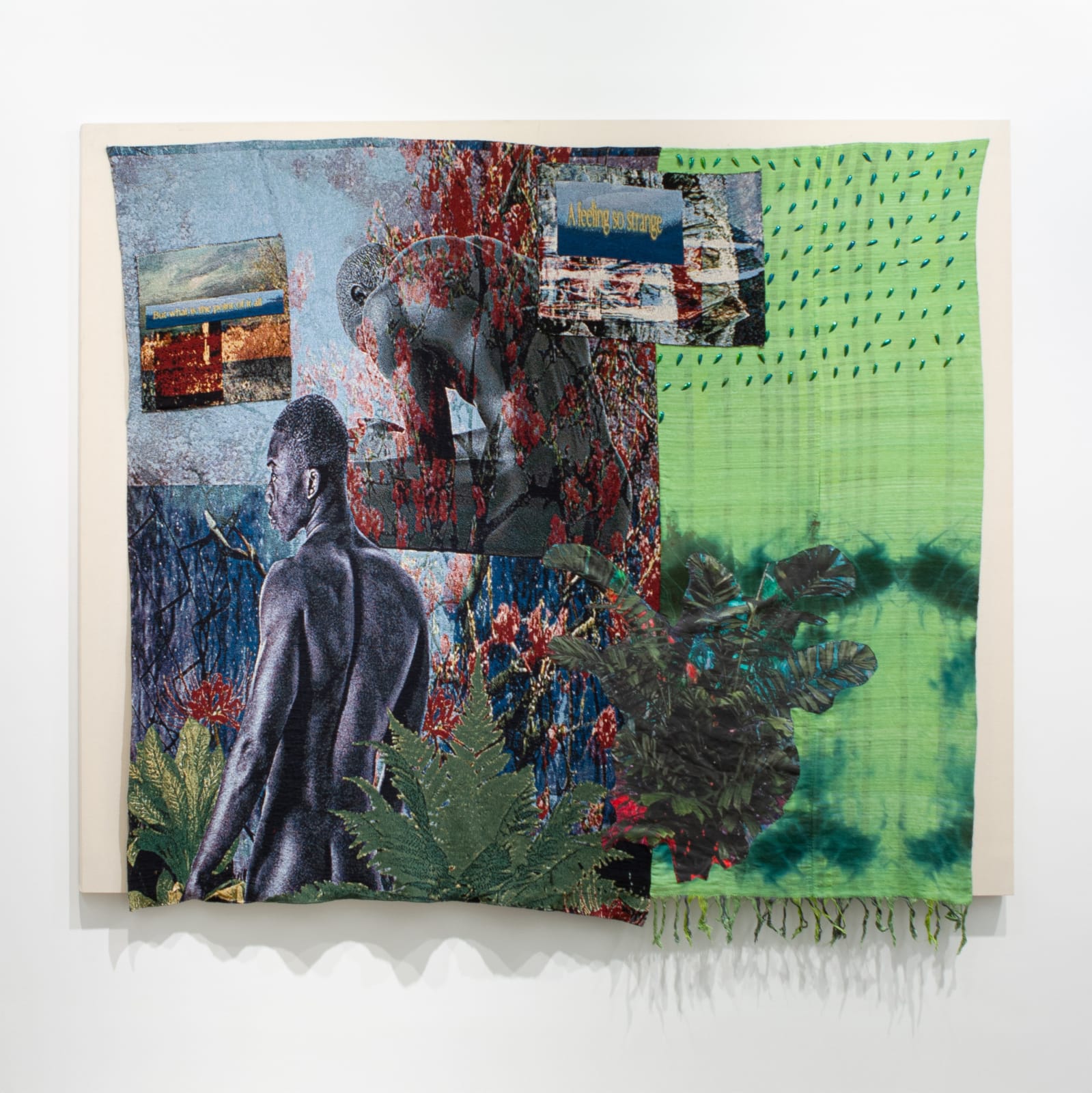 Richard Jonathan Nelson (American, b. 1987) come over alone glittering cloud, 2022 Jacquard Woven Cotton Digital Collage, Hand Woven and Hand Dyed Cotton, Embroidered Jewel Beetle Wings, Sewn Appliqué 89” x 99” (226 x 251.5 cm) Unique (RJN.23556)