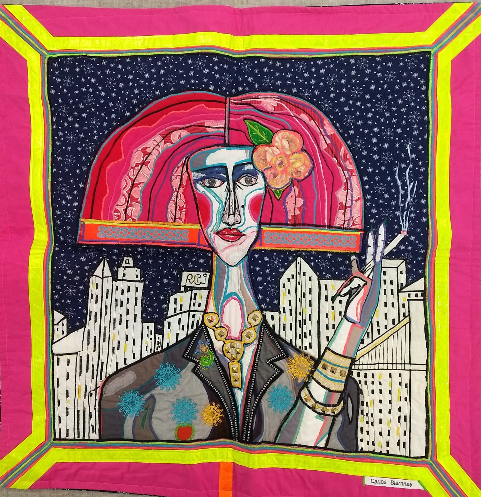 textile collage patterned figurative queen portrait
