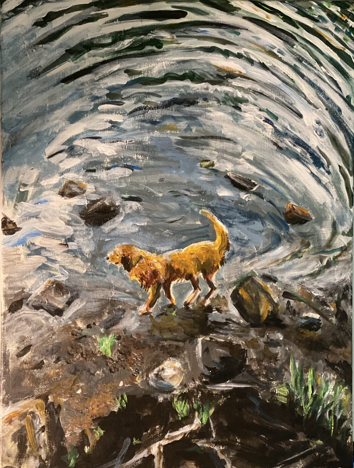 dog in lake acrylic painting