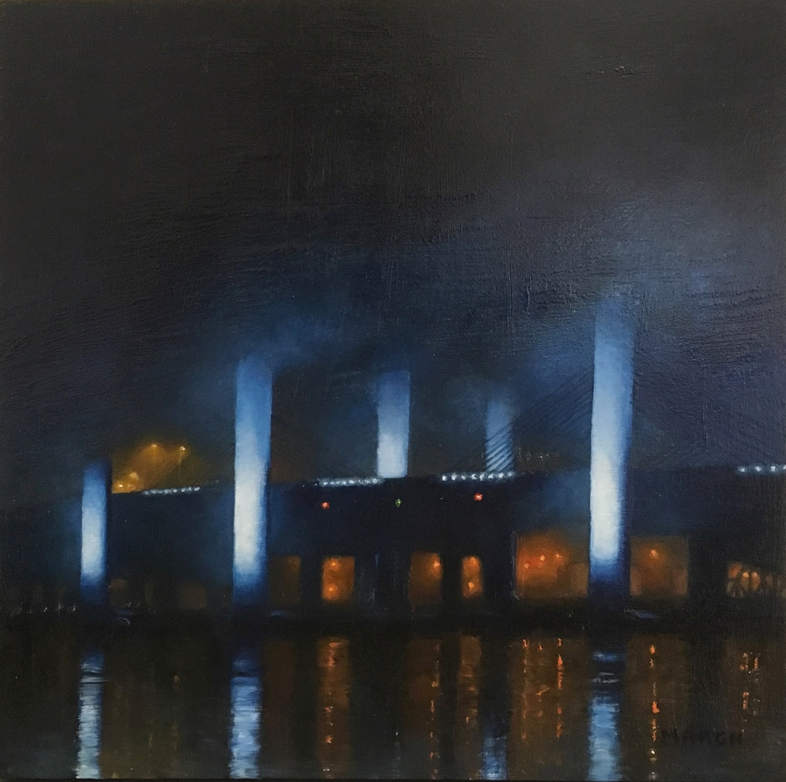 Painting of a bridge at night