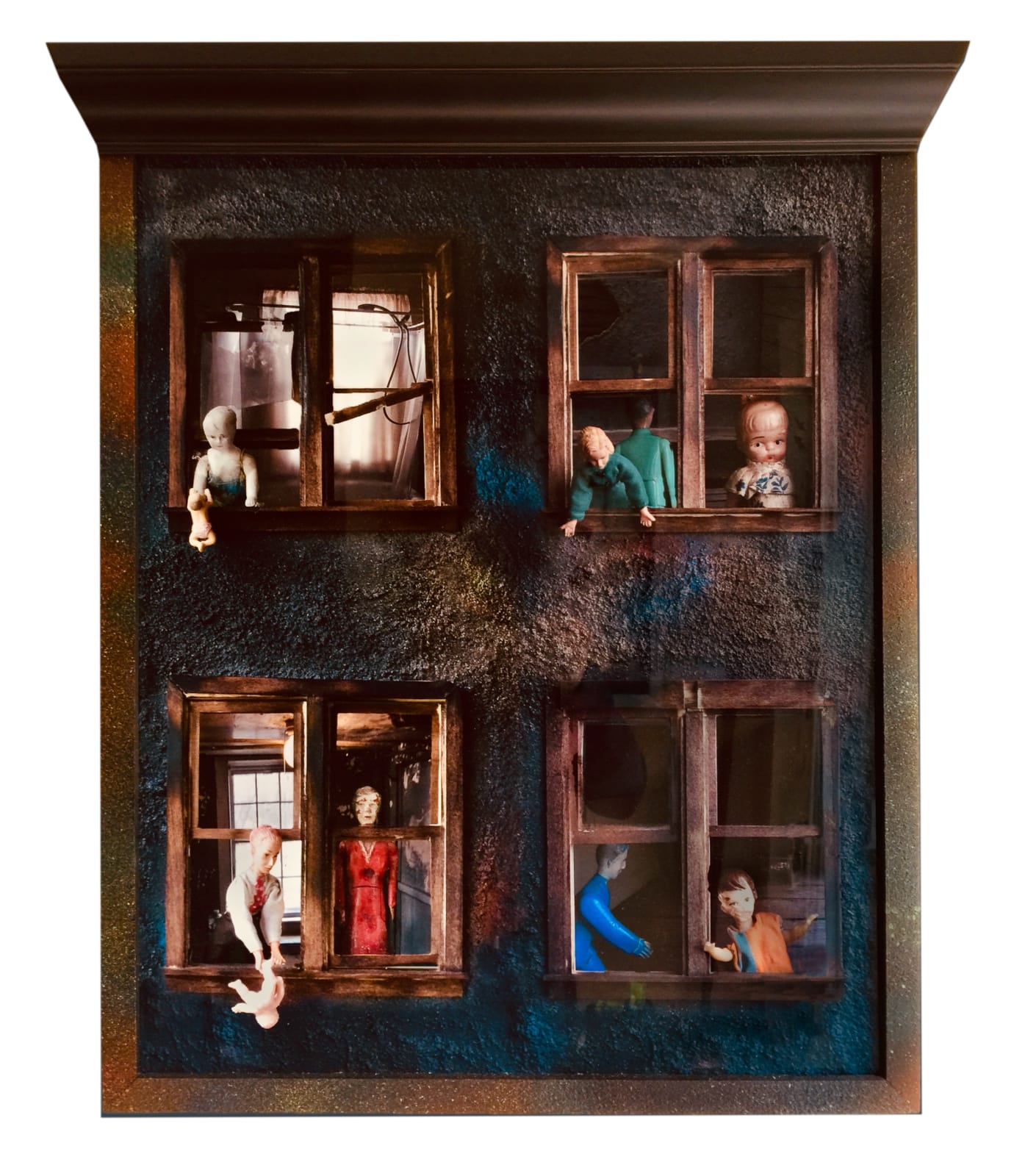 color photograph building windows dolls