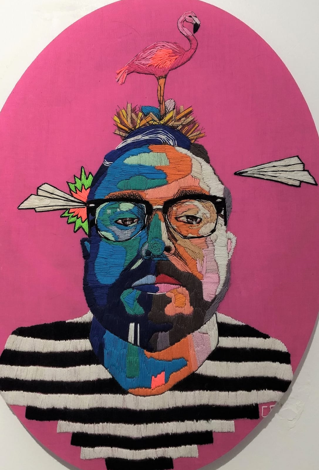 embroidered self portrait with flamingo