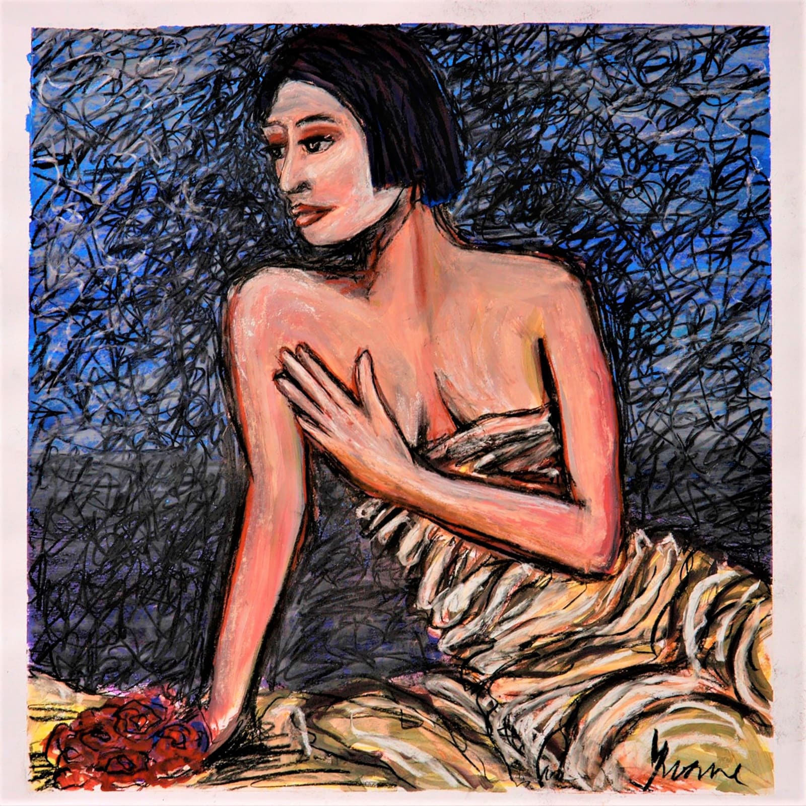 Painting of a figure against a blue background.