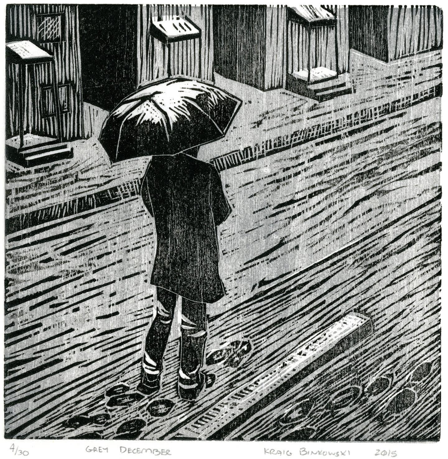 Black and white woodcut of a rainy day