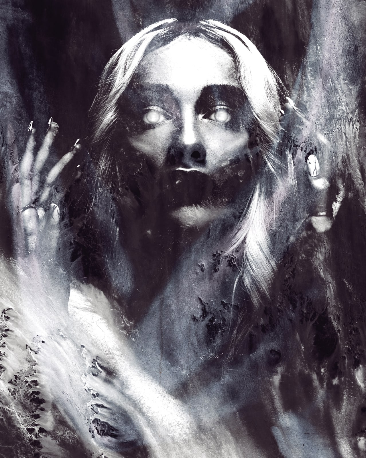 An image of a figure's face and hand