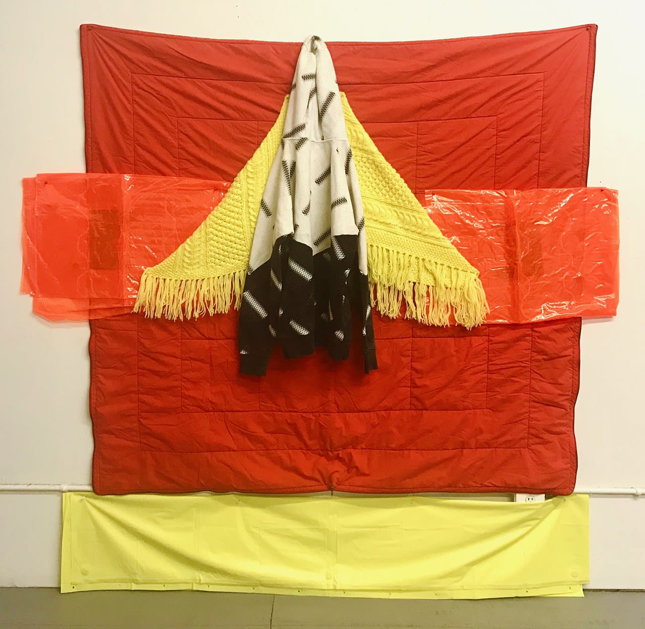 yellow red black and white assemblage recycled textiles hoodie