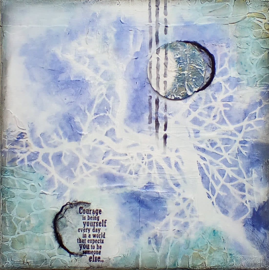 A mixed media abstract work with text