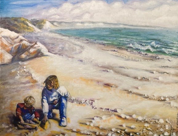 Painting of two figures on a beach