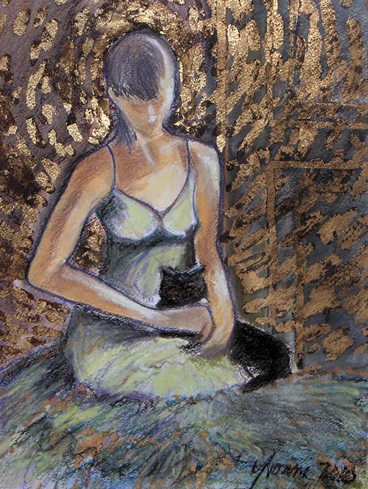 Painting of a figure with a black cat.