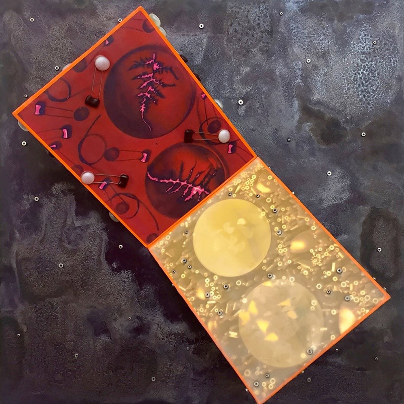 Canvas with a protruding red and gold object.