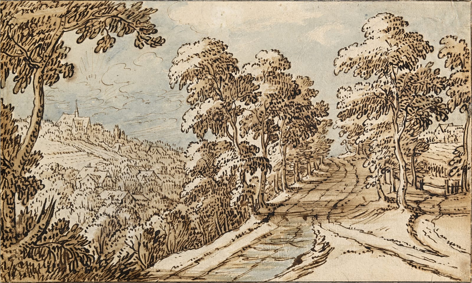 Tobias Verhaecht (Antwerp 1561 - 1631), A Country Road lined with Trees; a Village beyond
