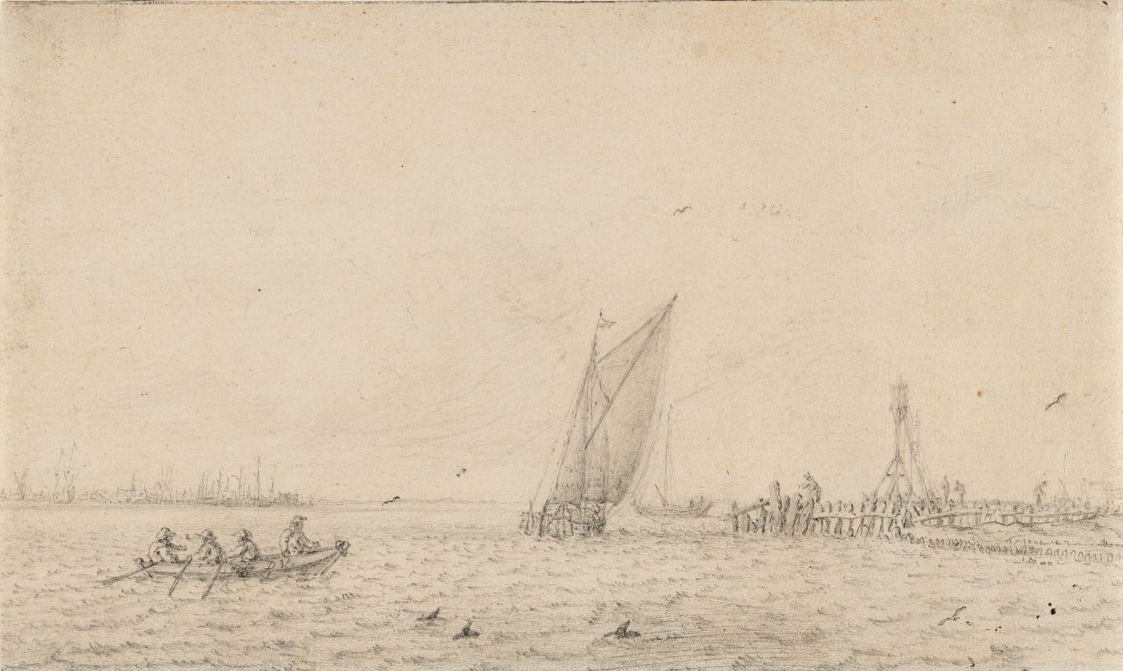 Julius Porcellis (Rotterdam ca. 1610 - 1645 Leiden), Shipping on a Calm Sea; a Town Beyond