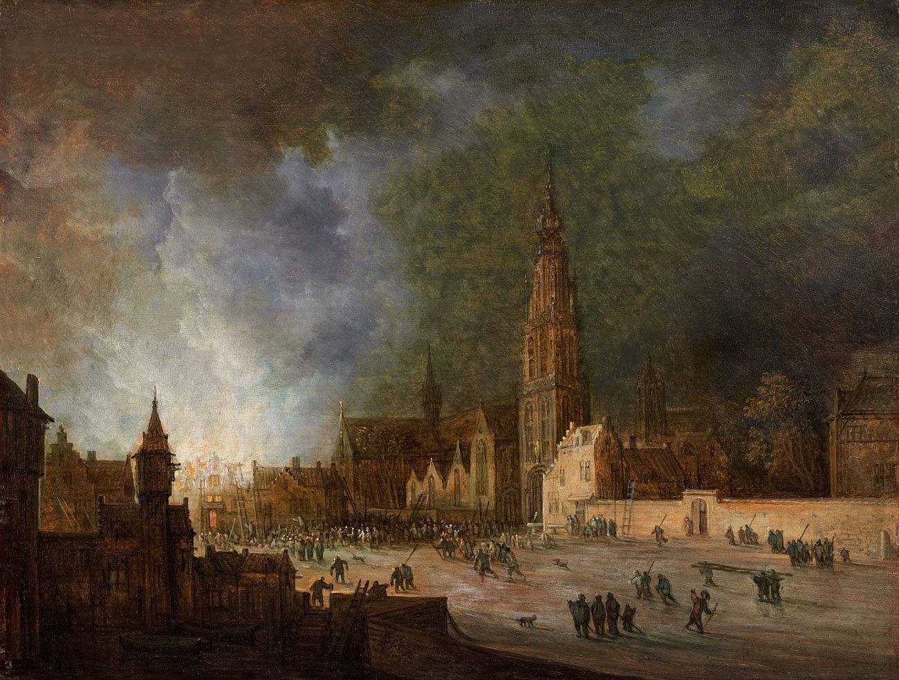Frans de Momper (Antwerp 1603 - 1660), A nightly Fire near the Grote Kerk in Breda