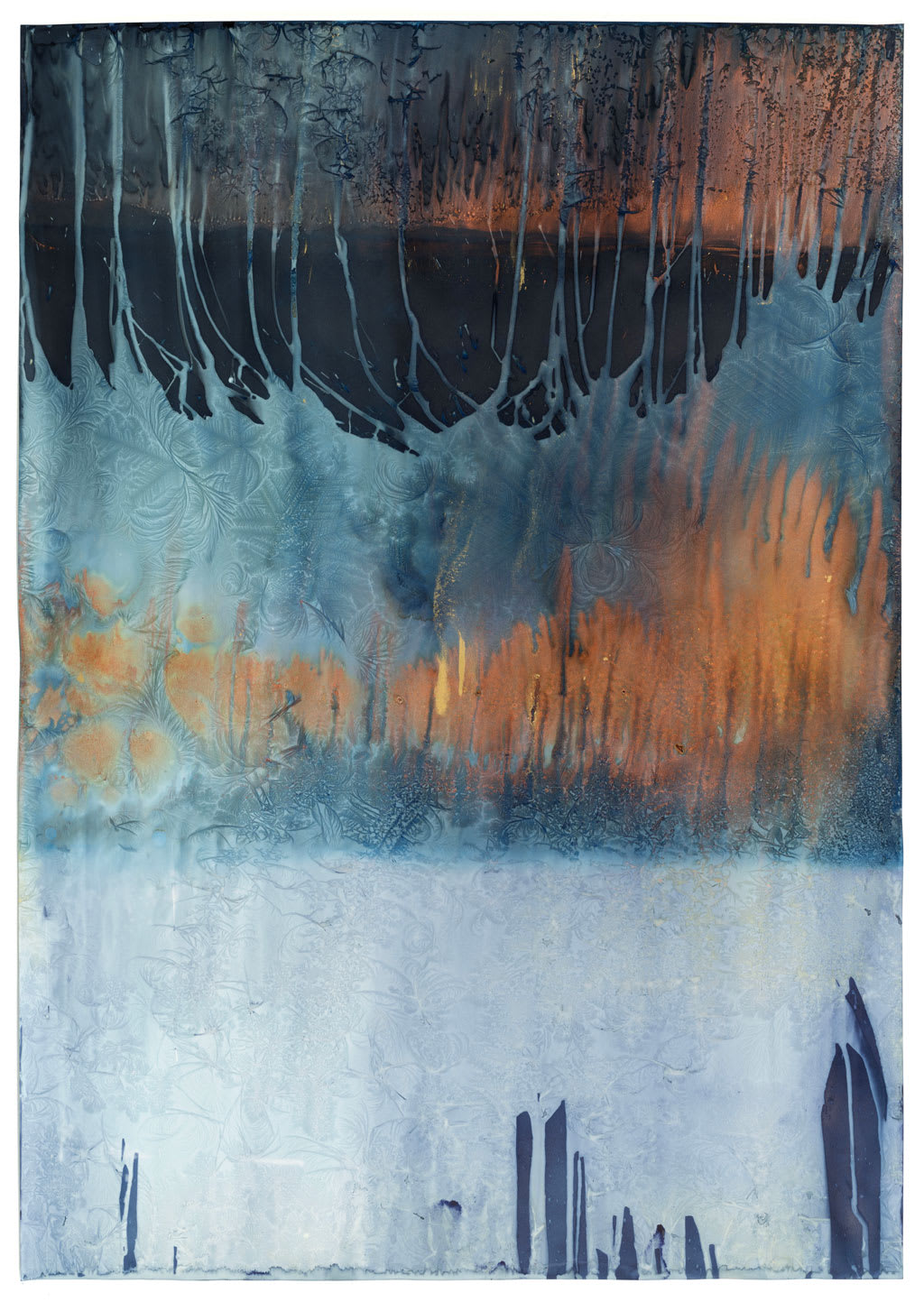 Meghann Riepenhoff, Day 383.5: mushroom spore ink + mica + organic and inorganic pigment + Prussian Blue pigment + falling and freezing water + thrown water + draped, 2025