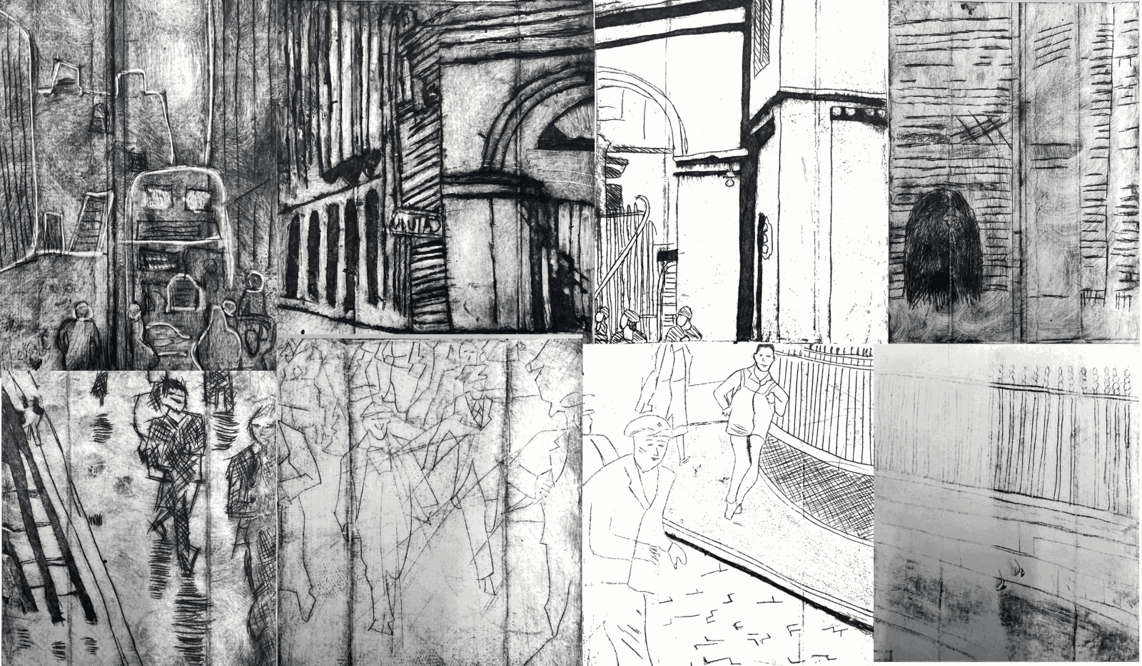 Collaborative drypoint etching print rendition of archival photograph of NBRC workers,