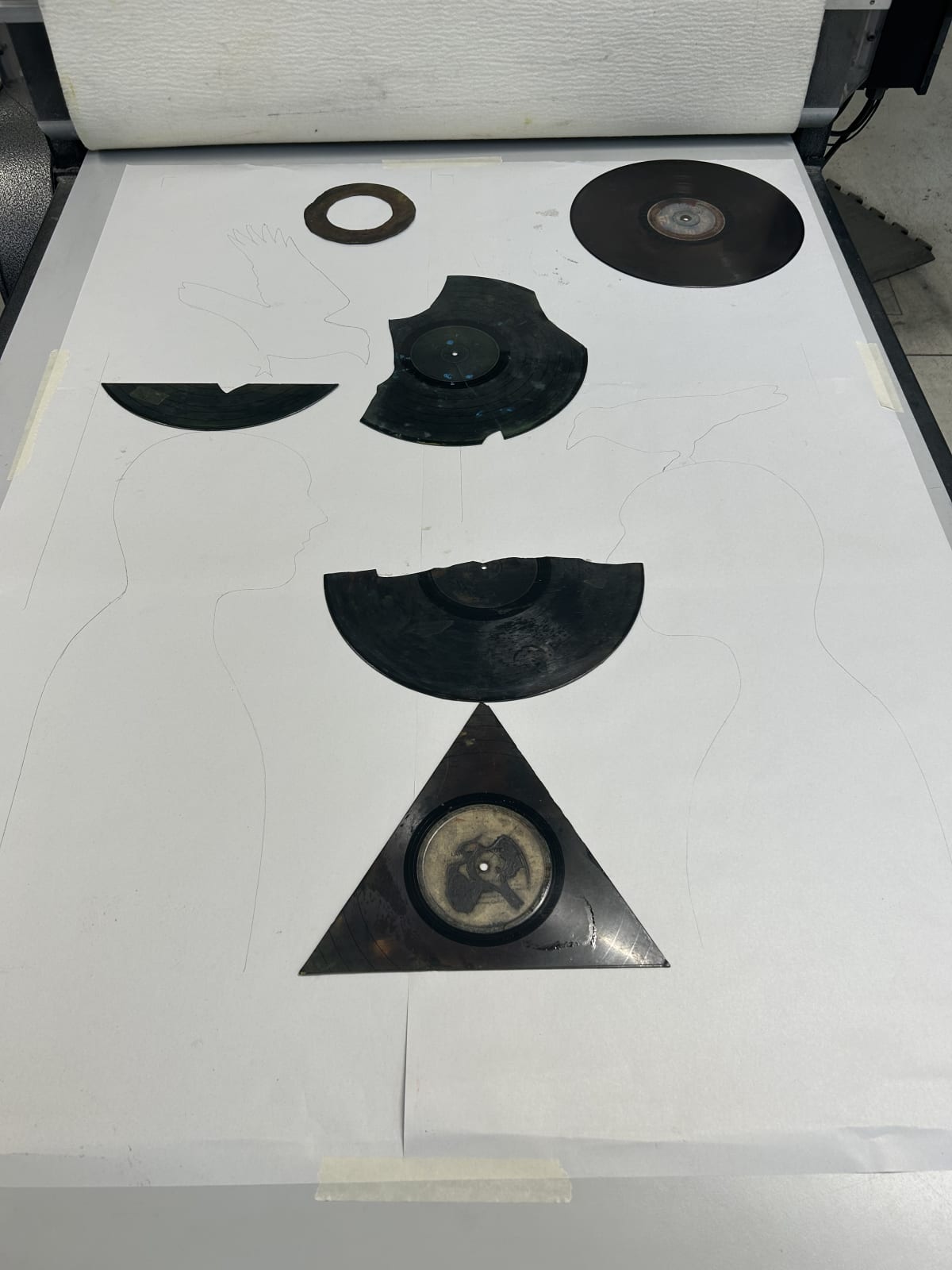 Fiona printmaking practice using pieces of vinyl