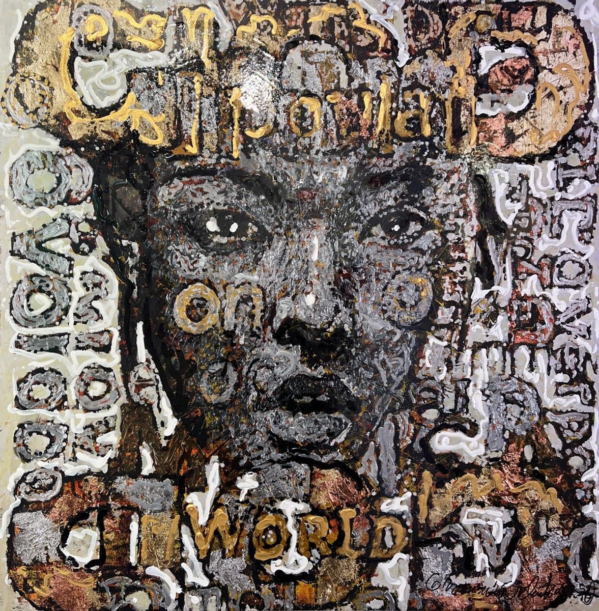 Giovanni DeCunto artwork of a black and white face with words like god and world hidden throughout.