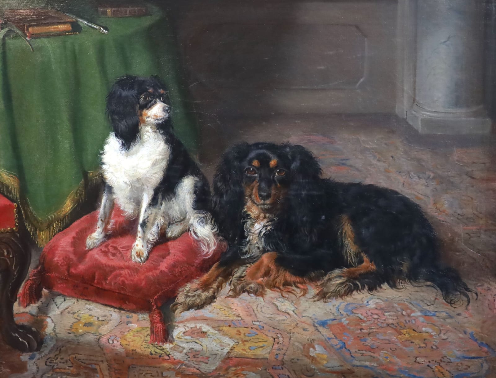 Follower of Sir Edwin Henry Landseer RA (1802-1873), Two spaniels in a sumptuous interior, circa 1838