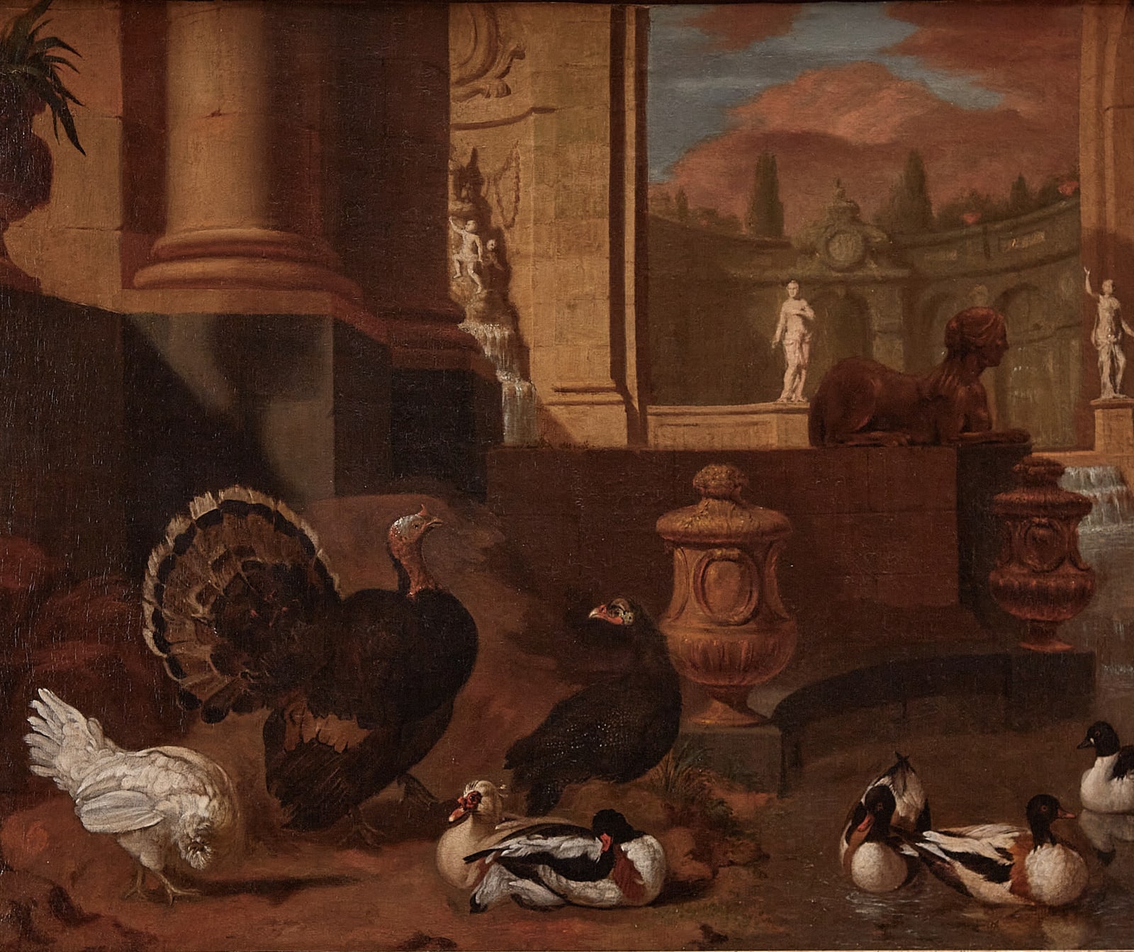 CIRCLE OF ISAAC DE MOUCHERON (1667-1744) and DIRCK WYNTRACK (1615- 1678) , Capriccio of classical ruins with ornamental fowl, c.1740