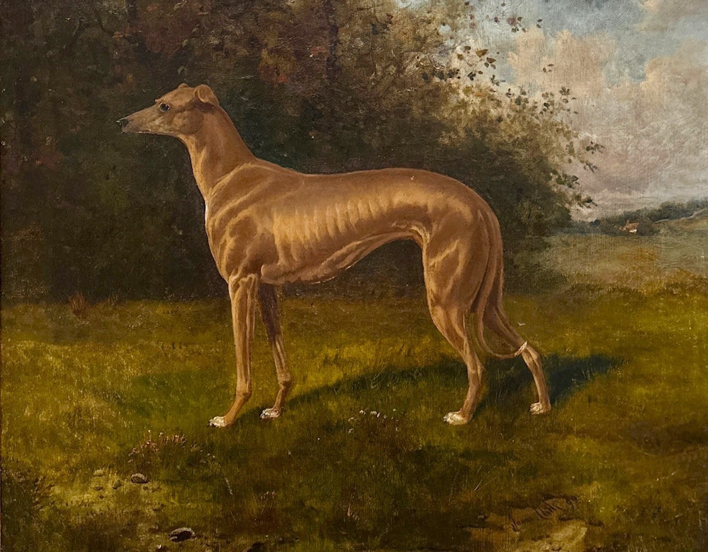 A chestnut greyhound in a verdant landscape by James Albert Clark