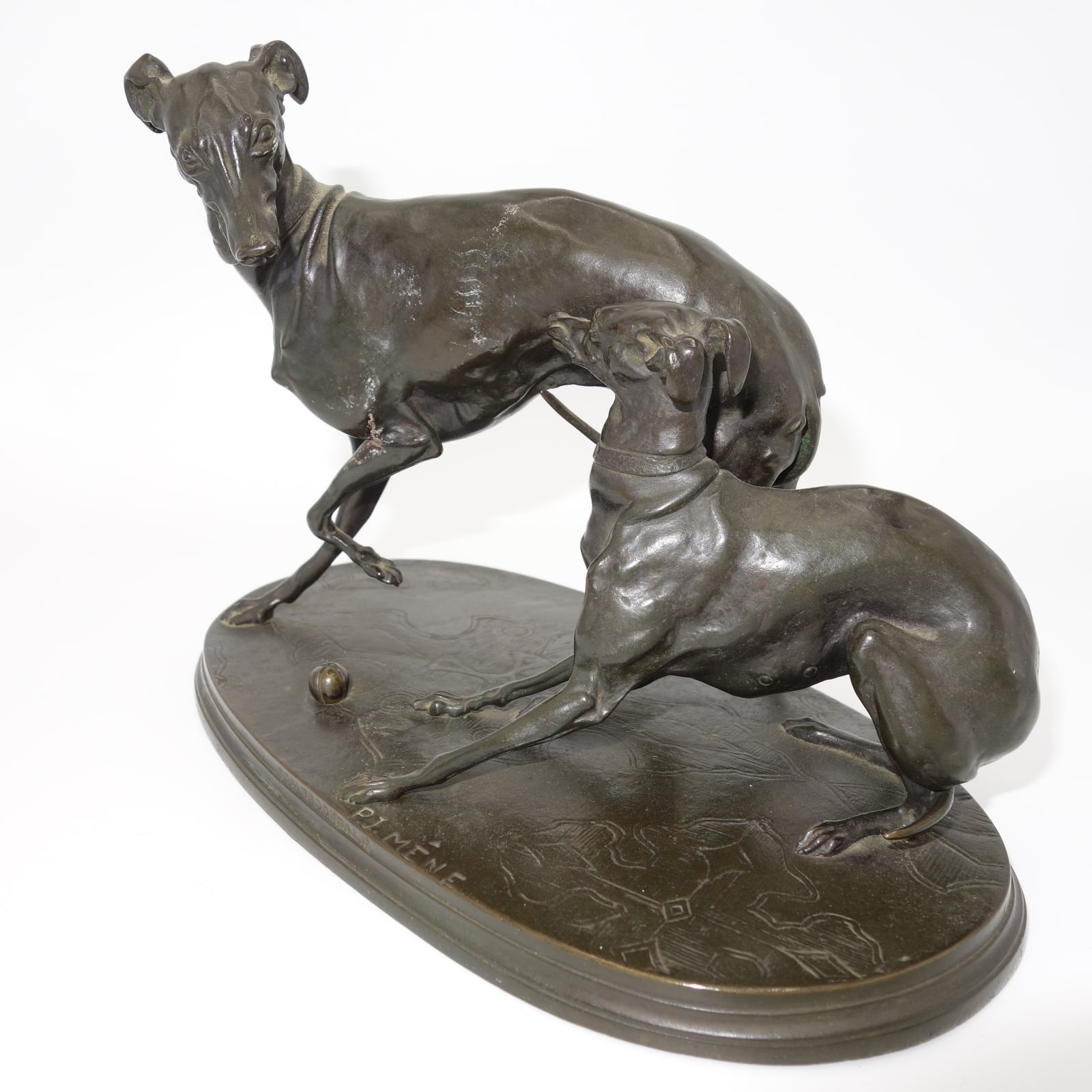 Pierre-Jules Mêne (1810-1879), Two whippets at play with a ball, c.1870