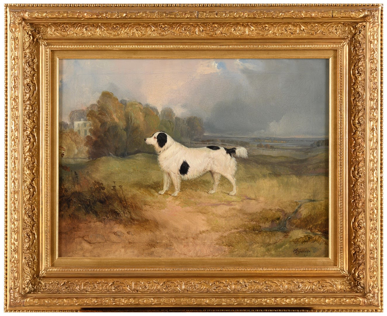 Charles Bilger Spalding (1810-1871), A spaniel in a landscape with a country house in the distance, circa 1850