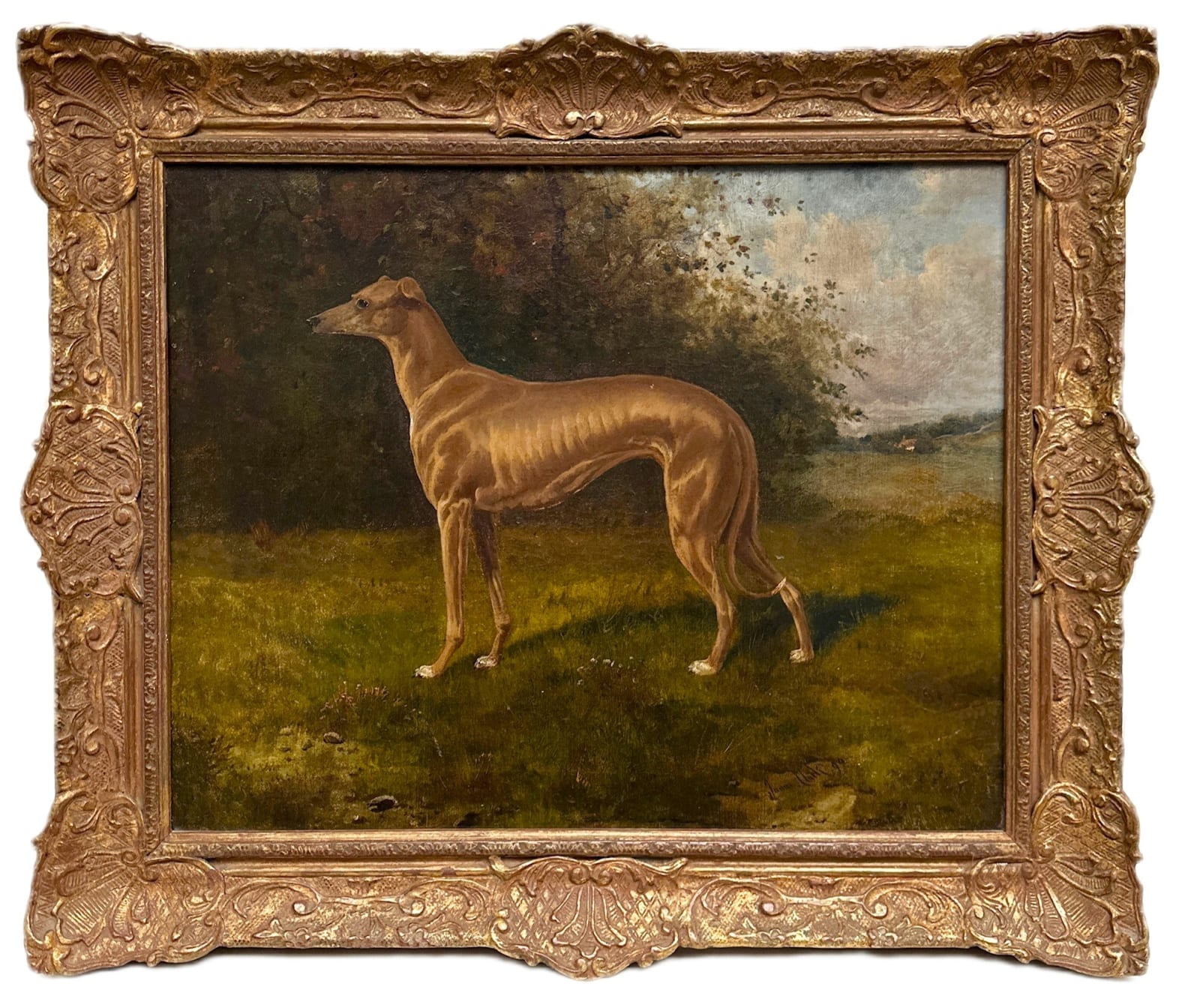 James Albert Clark (1863-1955), A greyhound standing in a landscape, 1899