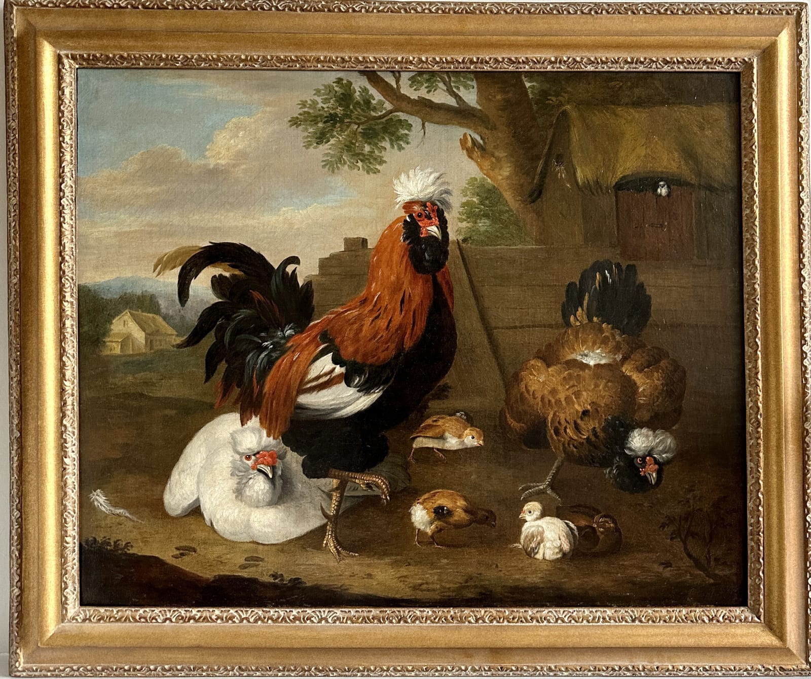 Follower of Melchior d’Hondecoeter, A cockerel with hens and chicks, Circa 1790