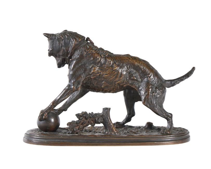 ARTHUR WAAGEN (1833-1898), Bronze dog playing with a ball, circa 1890