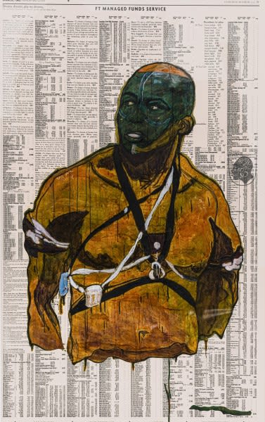 Godfried Donkor Olympians XVIII, 2018 Oil and Acrylic on Paper Framed: 221.5 x 145 cms 87 1/4 x 57 1/8 inches