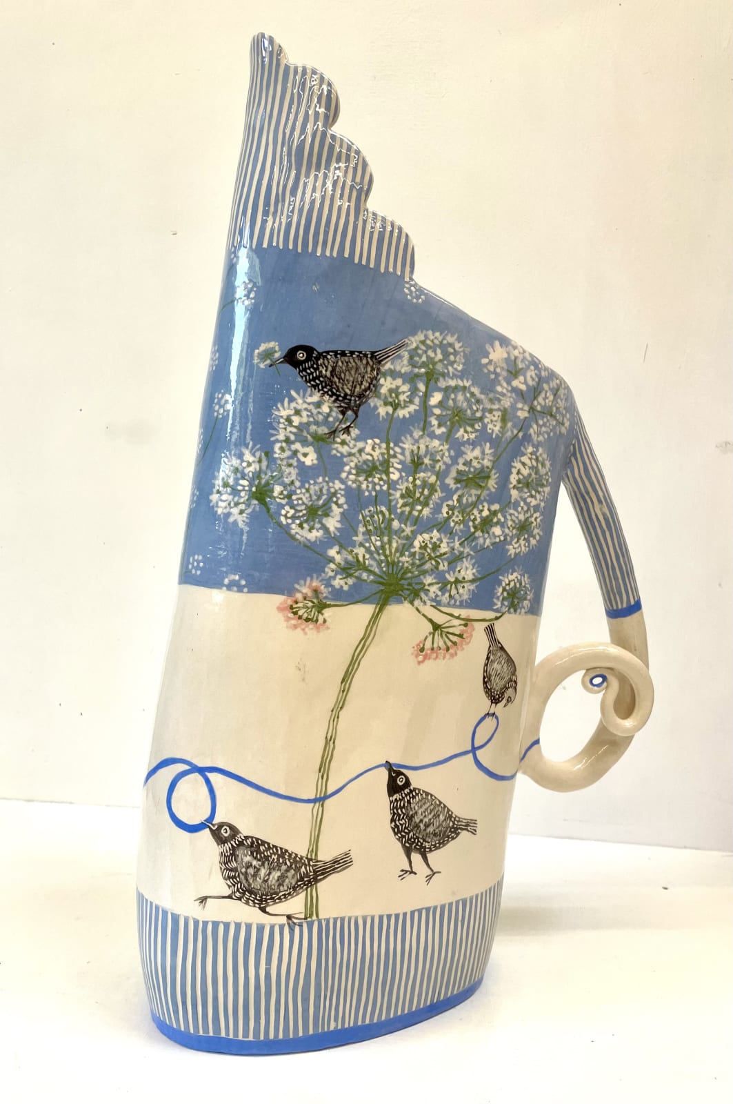 Large Blue Jug with Birds & Cowparsley, 2024 ceramic, 44 cms high © The Artist