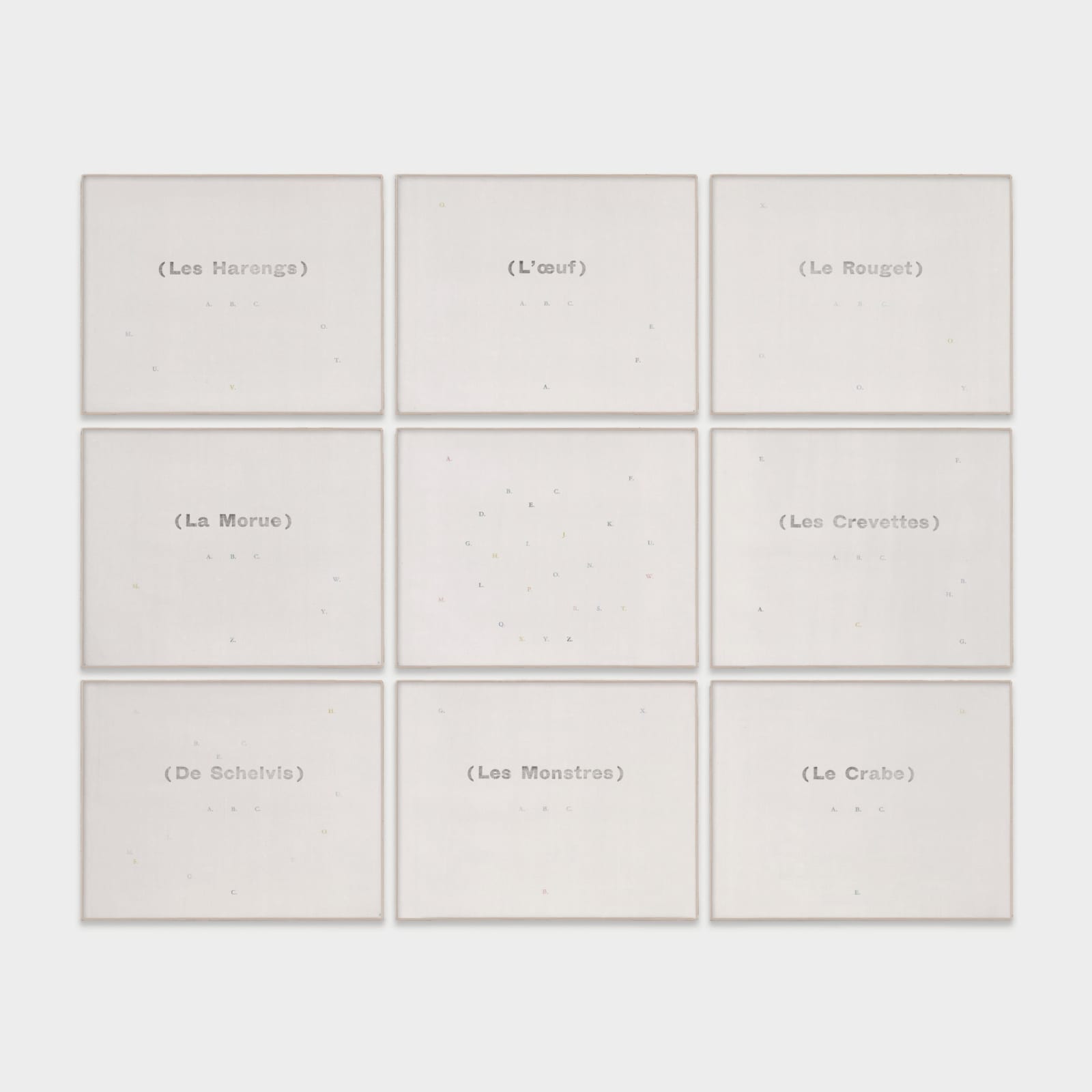 Marcel Broodthaers (1924-1976) Les Poissons, 1975 Impressão à prensa sobre tela [Letterpress on canva] Conjunto de 9 telas, 80 x 100 cm (cada) [Set of 9 canvases, 31 3/8 x 39 1/4 in. (each)]