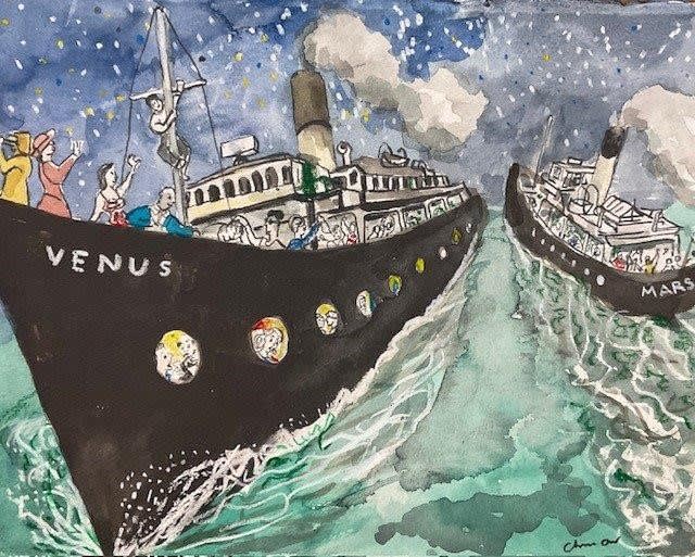 Chris Orr, Ships that pass in the night, watercolour on paper, 36 x 40 cm, 2024